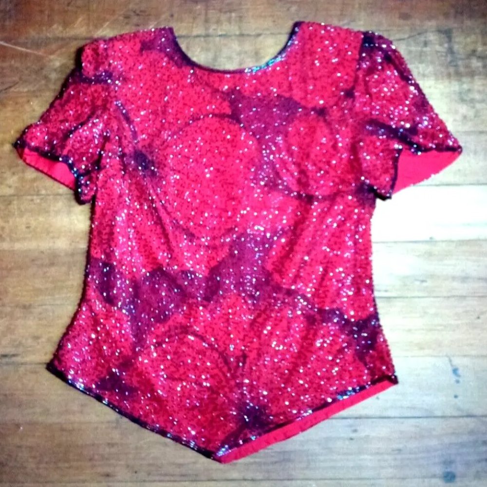 Formal Holiday Beaded Silk Lined Top Short Sleeve, by Andretta Donatello XL